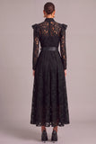 Black A-Line High Neck Lace Long Ruffled Wedding Guest Dress with Belt