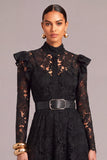 Black A-Line High Neck Lace Long Ruffled Wedding Guest Dress with Belt