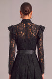 Black A-Line High Neck Lace Long Ruffled Wedding Guest Dress with Belt