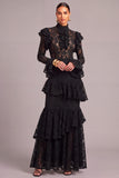 Black Tiered Lace High Neck Ruffled Long Wedding Guest Dress