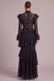 Black Tiered Lace High Neck Ruffled Long Wedding Guest Dress