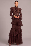 Black Tiered Lace High Neck Ruffled Long Wedding Guest Dress