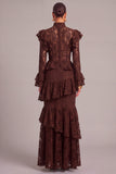 Black Tiered Lace High Neck Ruffled Long Wedding Guest Dress