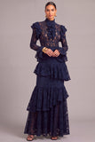 Black Tiered Lace High Neck Ruffled Long Wedding Guest Dress