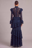 Black Tiered Lace High Neck Ruffled Long Wedding Guest Dress