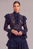 Black Tiered Lace High Neck Ruffled Long Wedding Guest Dress