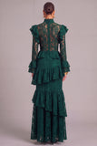 Black Tiered Lace High Neck Ruffled Long Wedding Guest Dress