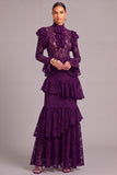 Black Tiered Lace High Neck Ruffled Long Wedding Guest Dress