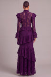 Black Tiered Lace High Neck Ruffled Long Wedding Guest Dress