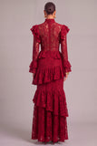 Black Tiered Lace High Neck Ruffled Long Wedding Guest Dress