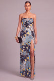 Sparkly Dark Blue Sequins Floral Strapless Long Wedding Guest Dress with Slit