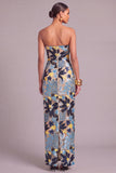 Sparkly Dark Blue Sequins Floral Strapless Long Wedding Guest Dress with Slit