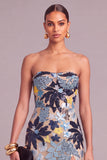 Sparkly Dark Blue Sequins Floral Strapless Long Wedding Guest Dress with Slit