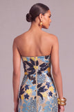 Sparkly Dark Blue Sequins Floral Strapless Long Wedding Guest Dress with Slit