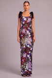 Sparkly Dark Red Sequins Square Neck Floral Long Wedding Guest Dress with Bow