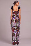 Sparkly Dark Red Sequins Square Neck Floral Long Wedding Guest Dress with Bow