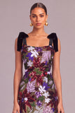Sparkly Dark Red Sequins Square Neck Floral Long Wedding Guest Dress with Bow