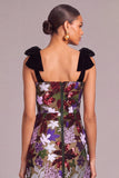 Sparkly Dark Red Sequins Square Neck Floral Long Wedding Guest Dress with Bow