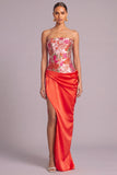 Red Corset Jacquard Strapless Floral Ruched Long Wedding Guest Dress with Slit