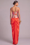 Red Corset Jacquard Strapless Floral Ruched Long Wedding Guest Dress with Slit