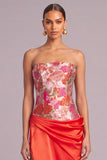 Red Corset Jacquard Strapless Floral Ruched Long Wedding Guest Dress with Slit