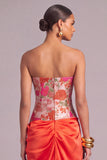 Red Corset Jacquard Strapless Floral Ruched Long Wedding Guest Dress with Slit