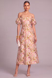 White Floral A-Line Off the Shoulder Puff Sleeves Midi Wedding Guest Dress