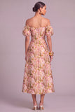 White Floral A-Line Off the Shoulder Puff Sleeves Midi Wedding Guest Dress