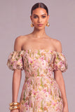 White Floral A-Line Off the Shoulder Puff Sleeves Midi Wedding Guest Dress