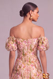 White Floral A-Line Off the Shoulder Puff Sleeves Midi Wedding Guest Dress