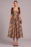 Black Floral Corset A-Line Midi Wedding Guest Dress with Bow