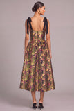 Black Floral Corset A-Line Midi Wedding Guest Dress with Bow