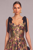 Black Floral Corset A-Line Midi Wedding Guest Dress with Bow