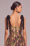 Black Floral Corset A-Line Midi Wedding Guest Dress with Bow