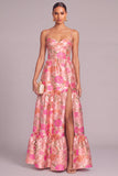 Pink Corset Jacquard Spaghetti Straps Floral Long Wedding Guest Dress with Slit