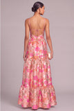 Pink Corset Jacquard Spaghetti Straps Floral Long Wedding Guest Dress with Slit