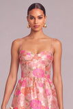 Pink Corset Jacquard Spaghetti Straps Floral Long Wedding Guest Dress with Slit