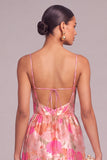 Pink Corset Jacquard Spaghetti Straps Floral Long Wedding Guest Dress with Slit