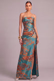 Dark Green Mermaid Strapless Floral Ruched Long Wedding Guest Dress with Slit