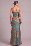 Dark Green Mermaid Strapless Floral Ruched Long Wedding Guest Dress with Slit