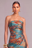 Dark Green Mermaid Strapless Floral Ruched Long Wedding Guest Dress with Slit