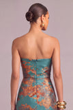 Dark Green Mermaid Strapless Floral Ruched Long Wedding Guest Dress with Slit