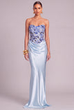 Light Blue Floral Corset Mermaid Strapless Satin Long Wedding Guest Dress