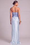 Light Blue Floral Corset Mermaid Strapless Satin Long Wedding Guest Dress