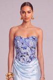 Light Blue Floral Corset Mermaid Strapless Satin Long Wedding Guest Dress