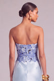 Light Blue Floral Corset Mermaid Strapless Satin Long Wedding Guest Dress
