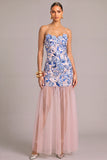 Floral Light Blue Mermaid Strapless Long Embroidered Wedding Guest Dress