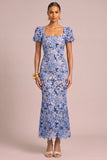 Floral Light Blue Mermaid Square Neck Long Wedding Guest Dress with Slit