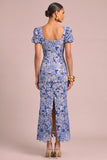 Floral Light Blue Mermaid Square Neck Long Wedding Guest Dress with Slit