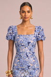 Floral Light Blue Mermaid Square Neck Long Wedding Guest Dress with Slit